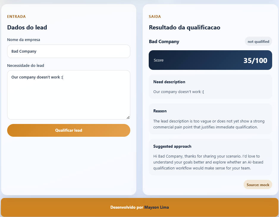Exemplo de lead nao qualificado no AI Lead Qualifier